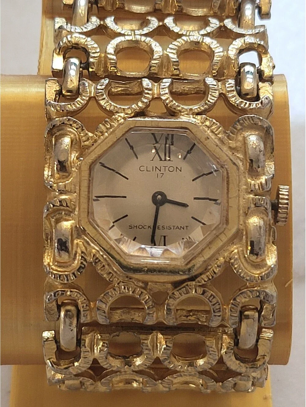 Vtg Clinton Womens Watch Goldtone Wide Bracelet Band Wind Up Works Great EUC 7